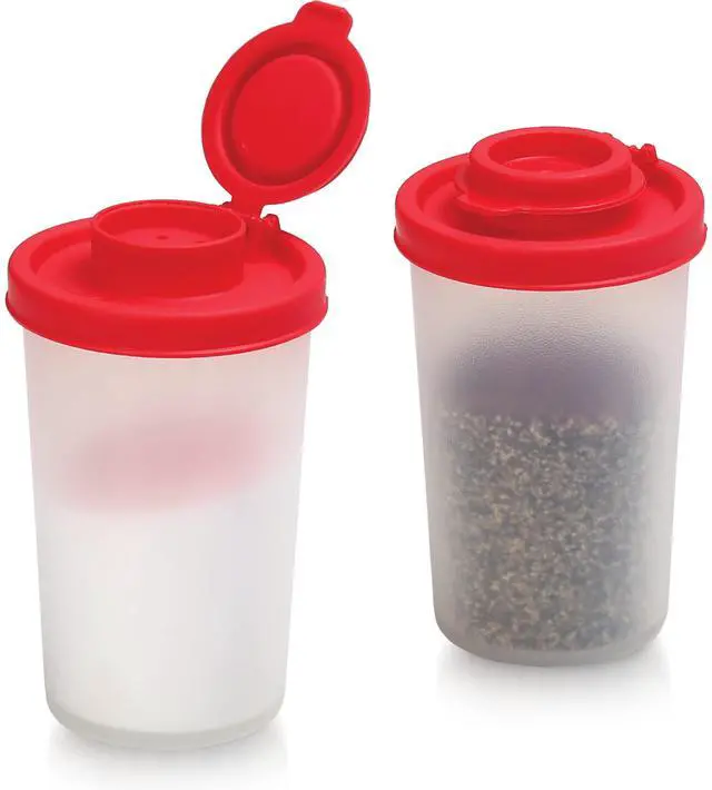 Main image of Salt and Pepper Shakers Moisture Proof Set of 2 Large Salt Shaker to go Camping Picnic Outdoors Kitchen Lunch Boxes Travel Spice Set Clear with Red Covers Lids Plastic Airtight Dispenser
