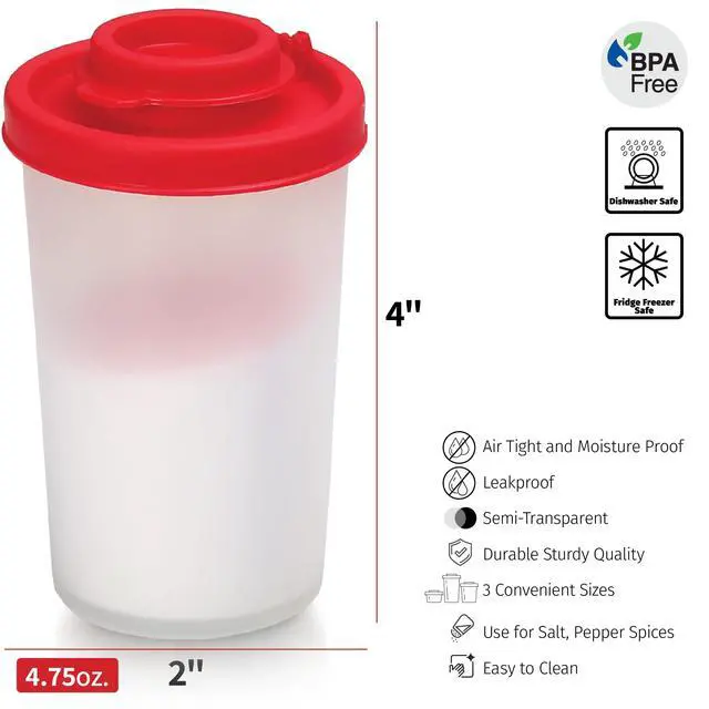 Alt view image 6 of 6 - Salt and Pepper Shakers Moisture Proof Set of 2 Large Salt Shaker to go Camping Picnic Outdoors Kitchen Lunch Boxes Travel Spice Set Clear with Red Covers Lids Plastic Airtight Dispenser