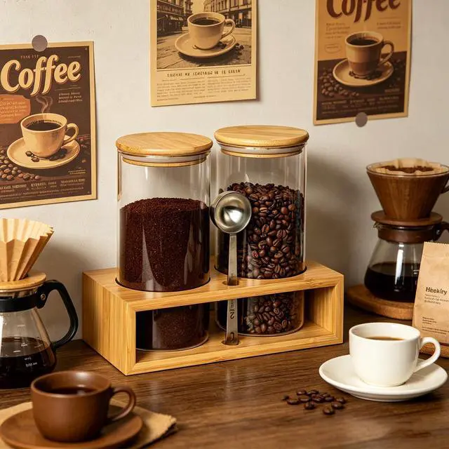 Alt view image 2 of 7 - Glass Coffee Containers With Shelf - Coffee Bar Organizer And Accessories, Coffee Jars With Spoon, 2x 49oz Airtight Sealed Coffee Canister For Coffee Bean, Ground Coffee, Nuts