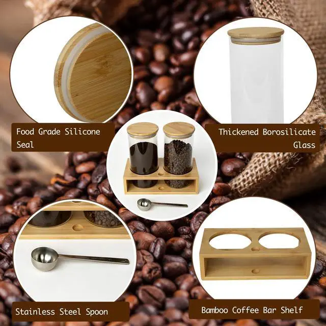 Alt view image 3 of 7 - Glass Coffee Containers With Shelf - Coffee Bar Organizer And Accessories, Coffee Jars With Spoon, 2x 49oz Airtight Sealed Coffee Canister For Coffee Bean, Ground Coffee, Nuts