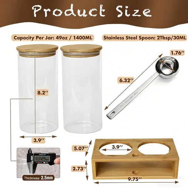 Alt view image 4 of 7 - Glass Coffee Containers With Shelf - Coffee Bar Organizer And Accessories, Coffee Jars With Spoon, 2x 49oz Airtight Sealed Coffee Canister For Coffee Bean, Ground Coffee, Nuts
