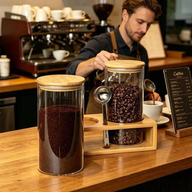 Alt view image 5 of 7 - Glass Coffee Containers With Shelf - Coffee Bar Organizer And Accessories, Coffee Jars With Spoon, 2x 49oz Airtight Sealed Coffee Canister For Coffee Bean, Ground Coffee, Nuts