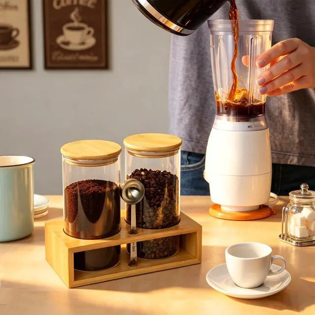 Alt view image 7 of 7 - Glass Coffee Containers With Shelf - Coffee Bar Organizer And Accessories, Coffee Jars With Spoon, 2x 49oz Airtight Sealed Coffee Canister For Coffee Bean, Ground Coffee, Nuts