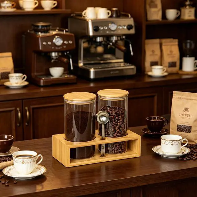 Alt view image 6 of 7 - Glass Coffee Containers With Shelf - Coffee Bar Organizer And Accessories, Coffee Jars With Spoon, 2x 49oz Airtight Sealed Coffee Canister For Coffee Bean, Ground Coffee, Nuts