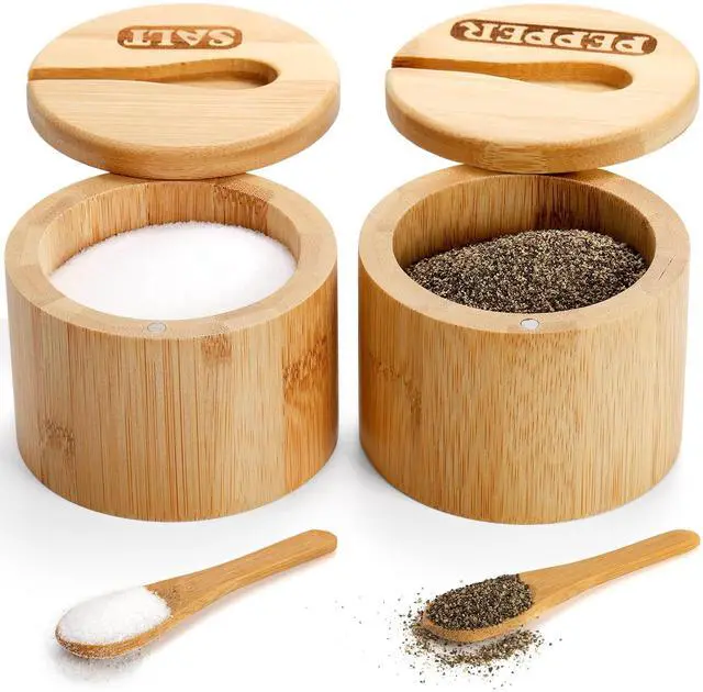 Main image of 2 Pack Bamboo Salt and Pepper Bowls, Round Salt Container with Magnetic Swivel Lids and Spoons, Bamboo Salt Cellars, Seasoning Storage Holder Box for Salt, Pepper, Sugar, Spice