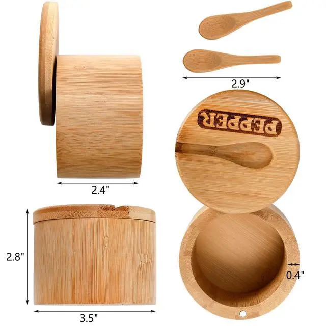 Alt view image 2 of 7 - 2 Pack Bamboo Salt and Pepper Bowls, Round Salt Container with Magnetic Swivel Lids and Spoons, Bamboo Salt Cellars, Seasoning Storage Holder Box for Salt, Pepper, Sugar, Spice