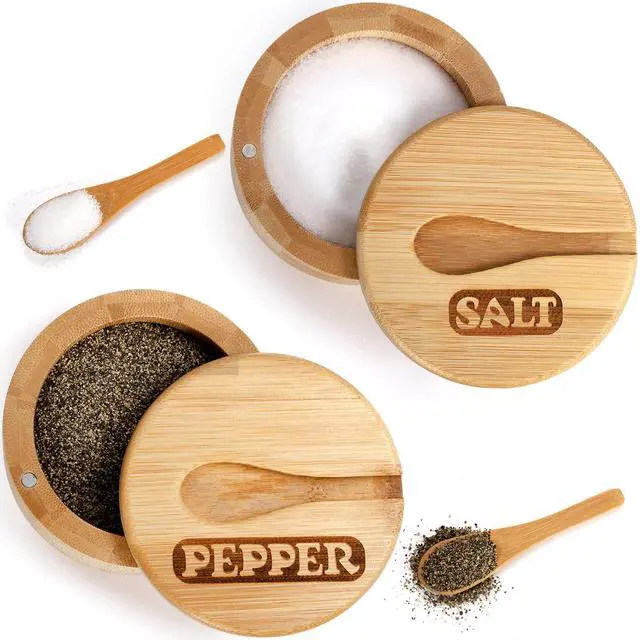 Alt view image 3 of 7 - 2 Pack Bamboo Salt and Pepper Bowls, Round Salt Container with Magnetic Swivel Lids and Spoons, Bamboo Salt Cellars, Seasoning Storage Holder Box for Salt, Pepper, Sugar, Spice