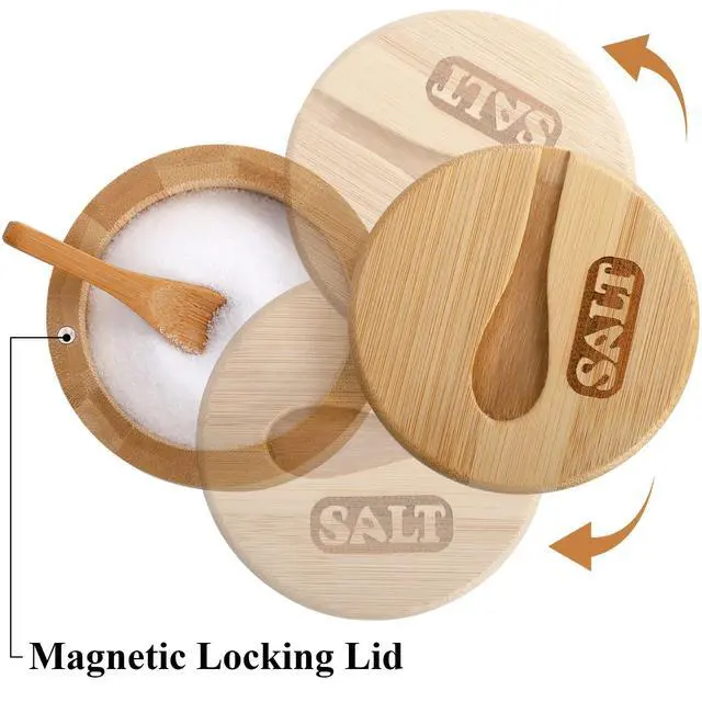 Alt view image 4 of 7 - 2 Pack Bamboo Salt and Pepper Bowls, Round Salt Container with Magnetic Swivel Lids and Spoons, Bamboo Salt Cellars, Seasoning Storage Holder Box for Salt, Pepper, Sugar, Spice