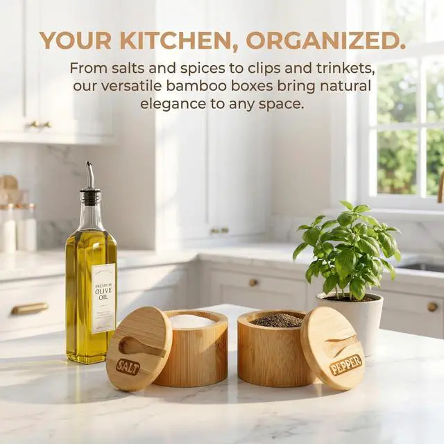 Alt view image 5 of 7 - 2 Pack Bamboo Salt and Pepper Bowls, Round Salt Container with Magnetic Swivel Lids and Spoons, Bamboo Salt Cellars, Seasoning Storage Holder Box for Salt, Pepper, Sugar, Spice