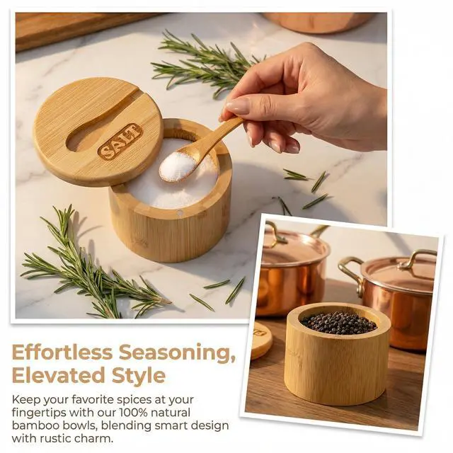Alt view image 7 of 7 - 2 Pack Bamboo Salt and Pepper Bowls, Round Salt Container with Magnetic Swivel Lids and Spoons, Bamboo Salt Cellars, Seasoning Storage Holder Box for Salt, Pepper, Sugar, Spice