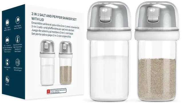 Main image of 2 in 1 Glass Salt and Pepper Shaker with Side Pour Spout, Built-in Lid for Moisture-proof, Elegant Borosilicate Glass Salt Pepper Dispenser set for Kitchen, BPA Free, 4oz (White)