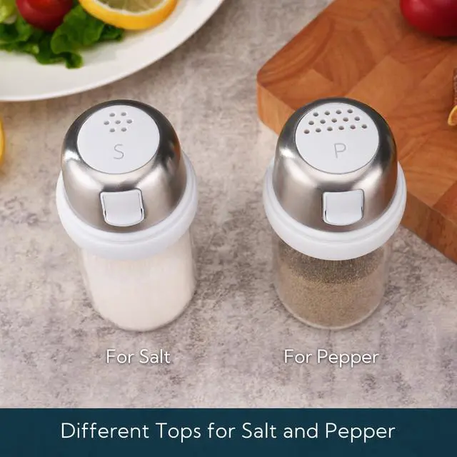 Alt view image 2 of 7 - 2 in 1 Glass Salt and Pepper Shaker with Side Pour Spout, Built-in Lid for Moisture-proof, Elegant Borosilicate Glass Salt Pepper Dispenser set for Kitchen, BPA Free, 4oz (White)