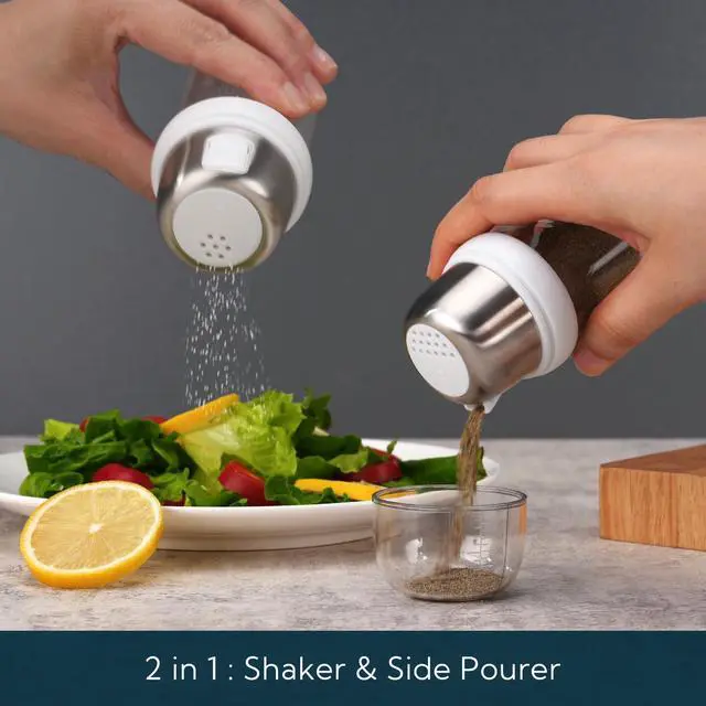 Alt view image 3 of 7 - 2 in 1 Glass Salt and Pepper Shaker with Side Pour Spout, Built-in Lid for Moisture-proof, Elegant Borosilicate Glass Salt Pepper Dispenser set for Kitchen, BPA Free, 4oz (White)