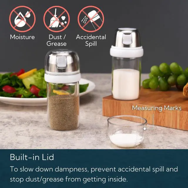 Alt view image 4 of 7 - 2 in 1 Glass Salt and Pepper Shaker with Side Pour Spout, Built-in Lid for Moisture-proof, Elegant Borosilicate Glass Salt Pepper Dispenser set for Kitchen, BPA Free, 4oz (White)