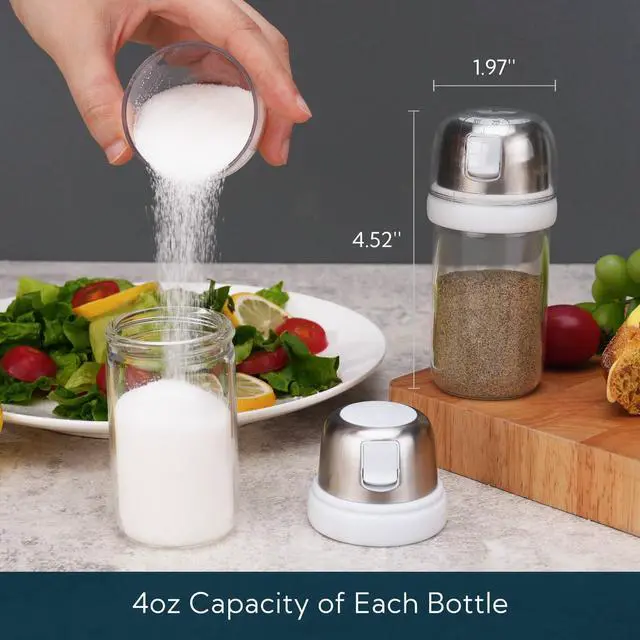 Alt view image 6 of 7 - 2 in 1 Glass Salt and Pepper Shaker with Side Pour Spout, Built-in Lid for Moisture-proof, Elegant Borosilicate Glass Salt Pepper Dispenser set for Kitchen, BPA Free, 4oz (White)