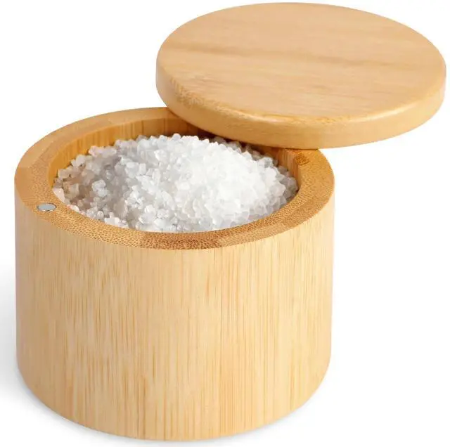 Main image of Salt Holder with Lid, Bamboo Salt Container, Salt Cellar with 360° Swivel Lid for Countertop to Store Pepper Spice, Premium Solid Salt Box Holder on Your Kitchen, 6 Oz by Pniimoo