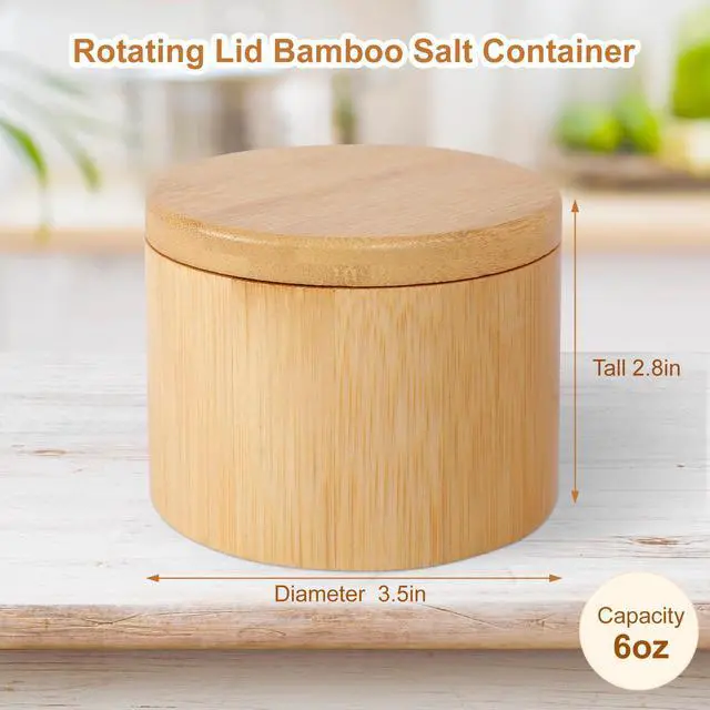 Alt view image 2 of 7 - Salt Holder with Lid, Bamboo Salt Container, Salt Cellar with 360° Swivel Lid for Countertop to Store Pepper Spice, Premium Solid Salt Box Holder on Your Kitchen, 6 Oz by Pniimoo