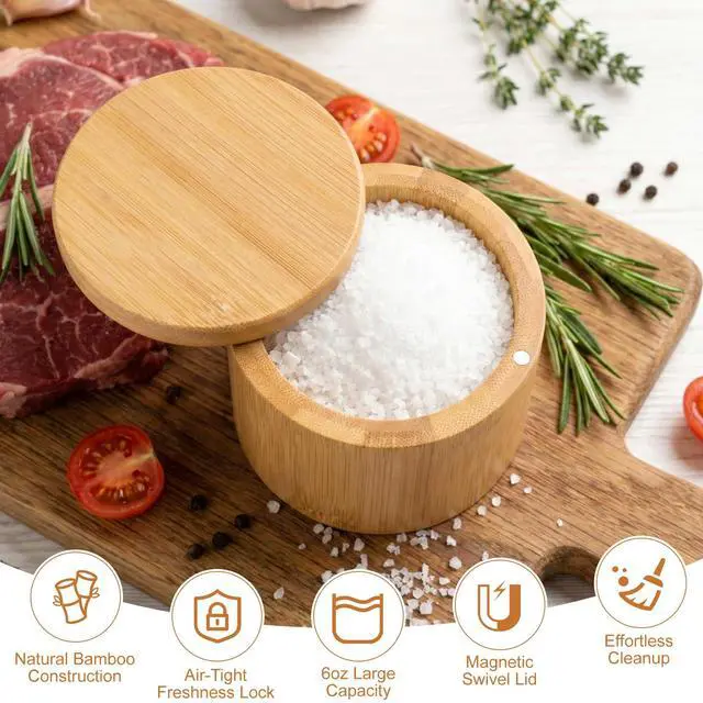 Alt view image 3 of 7 - Salt Holder with Lid, Bamboo Salt Container, Salt Cellar with 360° Swivel Lid for Countertop to Store Pepper Spice, Premium Solid Salt Box Holder on Your Kitchen, 6 Oz by Pniimoo