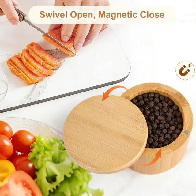 Alt view image 6 of 7 - Salt Holder with Lid, Bamboo Salt Container, Salt Cellar with 360° Swivel Lid for Countertop to Store Pepper Spice, Premium Solid Salt Box Holder on Your Kitchen, 6 Oz by Pniimoo