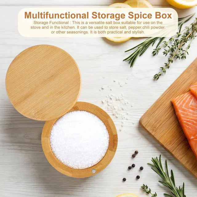 Alt view image 5 of 7 - Salt Holder with Lid, Bamboo Salt Container, Salt Cellar with 360° Swivel Lid for Countertop to Store Pepper Spice, Premium Solid Salt Box Holder on Your Kitchen, 6 Oz by Pniimoo