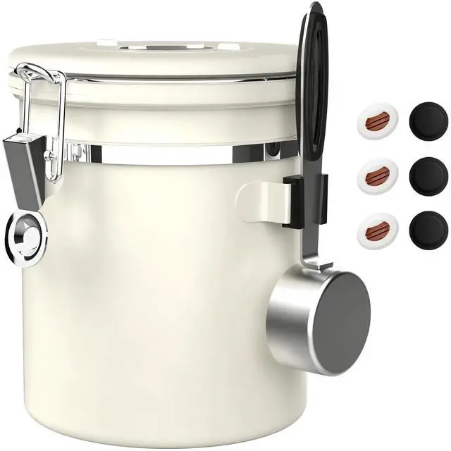 Main image of Coffee Canister Airtight, Stainless Steel Bean Storage Container with Date Tracker & Scoop, Grounds Sugar Flour Tea Cereal Fits Kitchen Pantry, Ideal Gift for Coffee Lovers,16oz,Beige