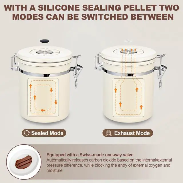 Alt view image 2 of 7 - Coffee Canister Airtight, Stainless Steel Bean Storage Container with Date Tracker & Scoop, Grounds Sugar Flour Tea Cereal Fits Kitchen Pantry, Ideal Gift for Coffee Lovers,16oz,Beige