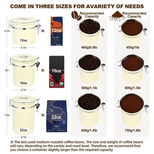 Alt view image 3 of 7 - Coffee Canister Airtight, Stainless Steel Bean Storage Container with Date Tracker & Scoop, Grounds Sugar Flour Tea Cereal Fits Kitchen Pantry, Ideal Gift for Coffee Lovers,16oz,Beige