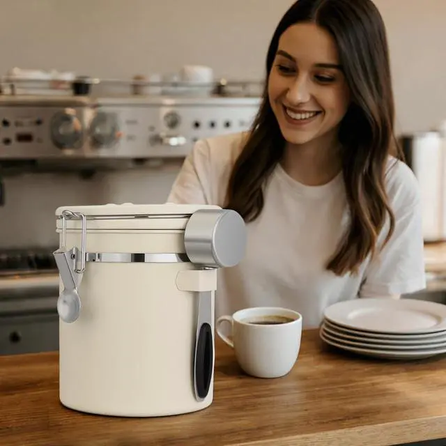 Alt view image 7 of 7 - Coffee Canister Airtight, Stainless Steel Bean Storage Container with Date Tracker & Scoop, Grounds Sugar Flour Tea Cereal Fits Kitchen Pantry, Ideal Gift for Coffee Lovers,16oz,Beige