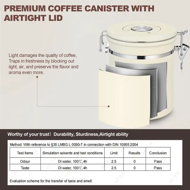 Alt view image 5 of 7 - Coffee Canister Airtight, Stainless Steel Bean Storage Container with Date Tracker & Scoop, Grounds Sugar Flour Tea Cereal Fits Kitchen Pantry, Ideal Gift for Coffee Lovers,16oz,Beige