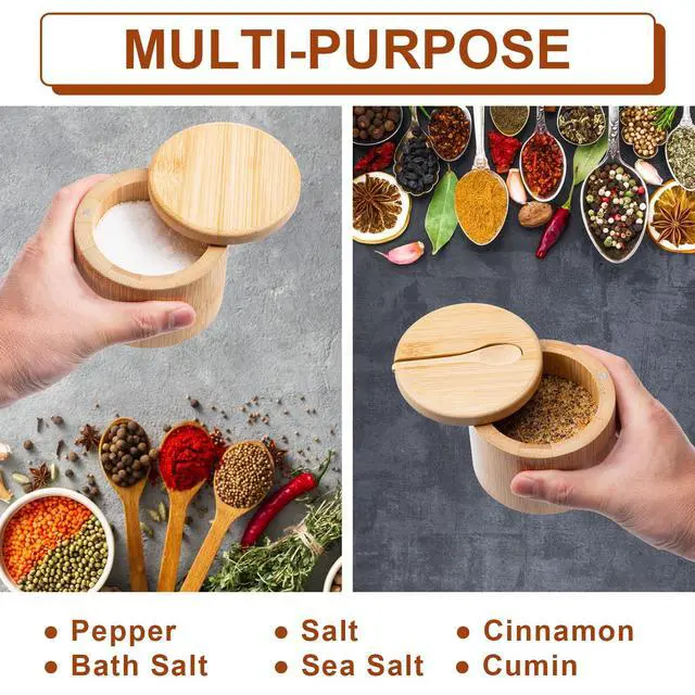 Alt view image 5 of 6 - Bamboo Salt Cellar, Salt Box with Swivel Lid,Round Spice Container,6 oz