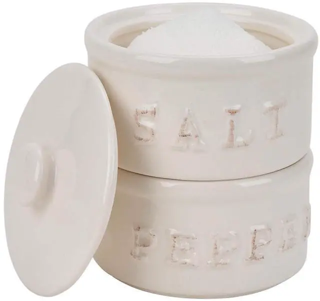 Main image of Vintage Ceramic Salt and Pepper Shaker Set Condiments Cellar Stacking Bowls With Lid