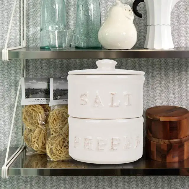 Alt view image 3 of 3 - Vintage Ceramic Salt and Pepper Shaker Set Condiments Cellar Stacking Bowls With Lid