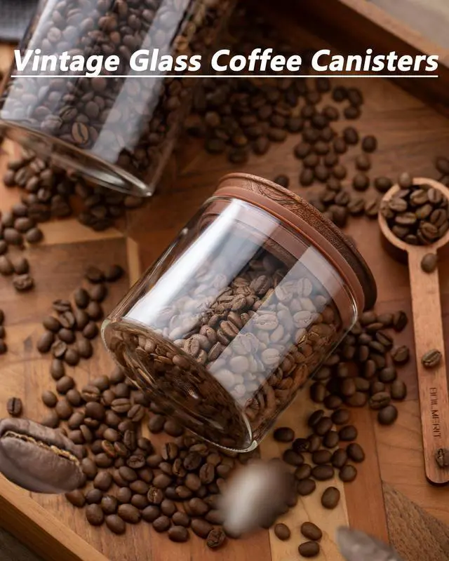Alt view image 2 of 7 - 17 oz Coffee Canister with Scoop and Wooden Lids, Airtight Glass Coffee Beans Storage Container Sets of 2 for Ground Coffee,Food Storge Jars for Ground Coffee Bar Cereal Snack