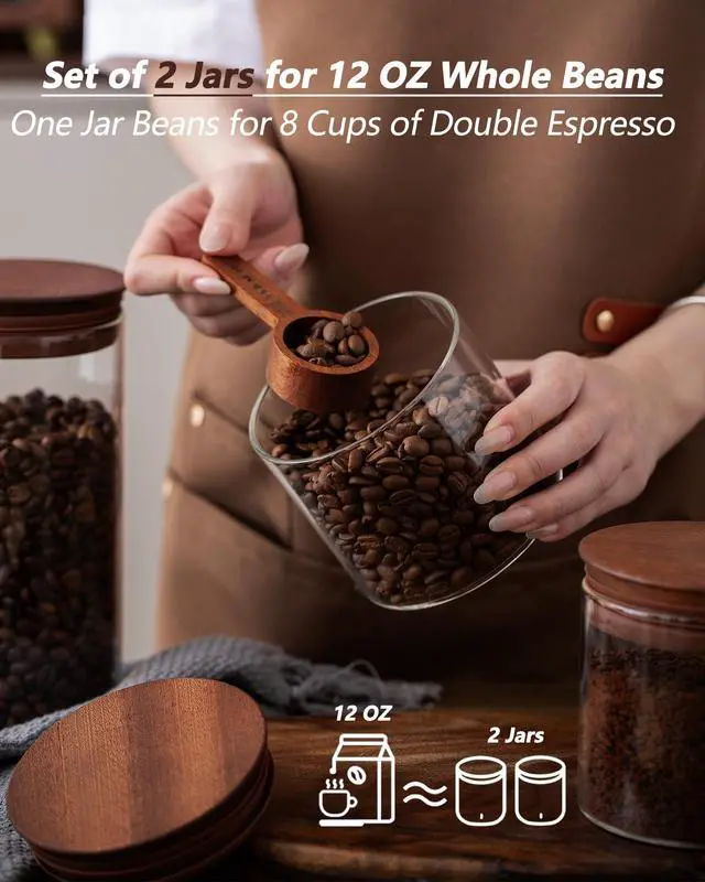 Alt view image 3 of 7 - 17 oz Coffee Canister with Scoop and Wooden Lids, Airtight Glass Coffee Beans Storage Container Sets of 2 for Ground Coffee,Food Storge Jars for Ground Coffee Bar Cereal Snack