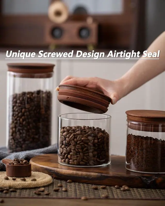 Alt view image 5 of 7 - 17 oz Coffee Canister with Scoop and Wooden Lids, Airtight Glass Coffee Beans Storage Container Sets of 2 for Ground Coffee,Food Storge Jars for Ground Coffee Bar Cereal Snack