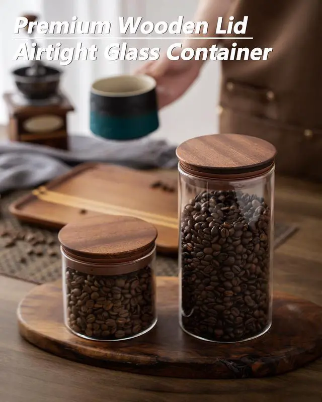 Alt view image 7 of 7 - 17 oz Coffee Canister with Scoop and Wooden Lids, Airtight Glass Coffee Beans Storage Container Sets of 2 for Ground Coffee,Food Storge Jars for Ground Coffee Bar Cereal Snack