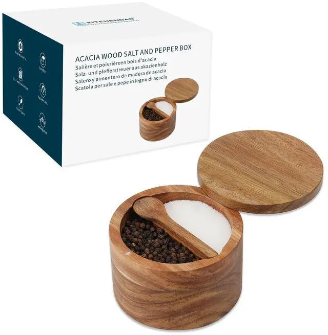 Main image of Acacia Wood Salt and Pepper Bowl Box, Built-in Spoon, Two Compartments Spice Seasoning Container, Sea Salt Cellar Holder, Magnetic Swivel Lid, Dual 5oz Capacity