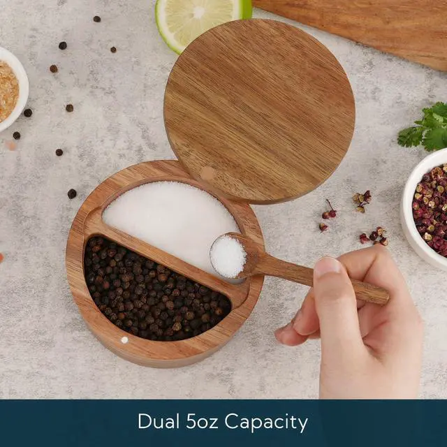 Alt view image 2 of 7 - Acacia Wood Salt and Pepper Bowl Box, Built-in Spoon, Two Compartments Spice Seasoning Container, Sea Salt Cellar Holder, Magnetic Swivel Lid, Dual 5oz Capacity