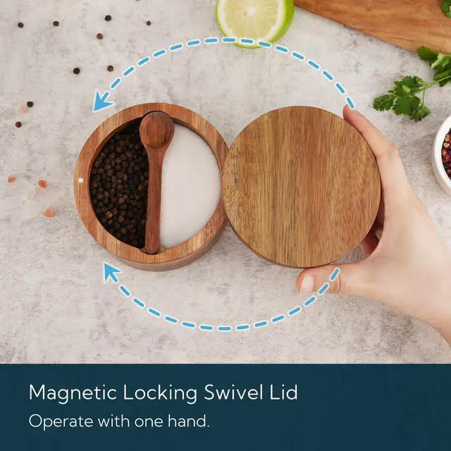 Alt view image 4 of 7 - Acacia Wood Salt and Pepper Bowl Box, Built-in Spoon, Two Compartments Spice Seasoning Container, Sea Salt Cellar Holder, Magnetic Swivel Lid, Dual 5oz Capacity