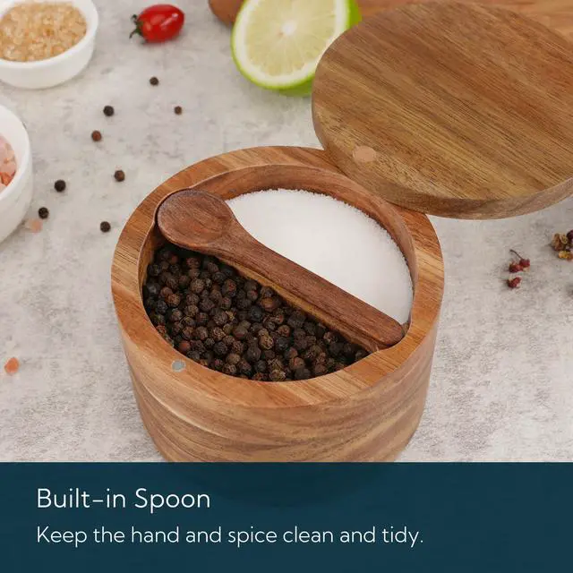 Alt view image 3 of 7 - Acacia Wood Salt and Pepper Bowl Box, Built-in Spoon, Two Compartments Spice Seasoning Container, Sea Salt Cellar Holder, Magnetic Swivel Lid, Dual 5oz Capacity