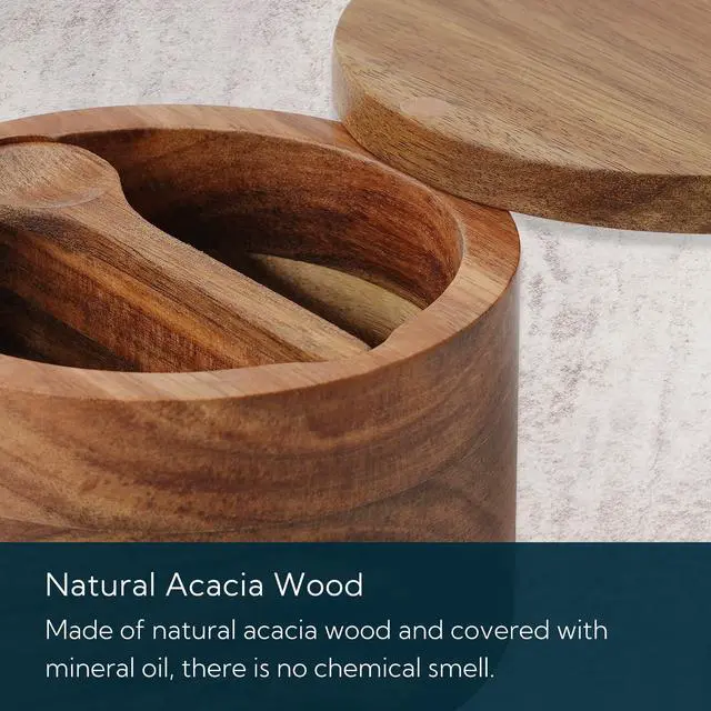 Alt view image 5 of 7 - Acacia Wood Salt and Pepper Bowl Box, Built-in Spoon, Two Compartments Spice Seasoning Container, Sea Salt Cellar Holder, Magnetic Swivel Lid, Dual 5oz Capacity