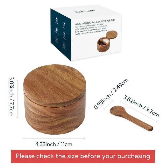 Alt view image 6 of 7 - Acacia Wood Salt and Pepper Bowl Box, Built-in Spoon, Two Compartments Spice Seasoning Container, Sea Salt Cellar Holder, Magnetic Swivel Lid, Dual 5oz Capacity