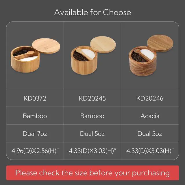 Alt view image 7 of 7 - Acacia Wood Salt and Pepper Bowl Box, Built-in Spoon, Two Compartments Spice Seasoning Container, Sea Salt Cellar Holder, Magnetic Swivel Lid, Dual 5oz Capacity