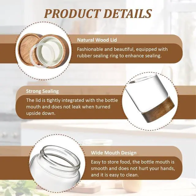 Alt view image 2 of 7 - 28 fl oz/850 ml Clear Glass Storage Canister with Airtight Wooden Screw Lid, Medium Cute Decorative Glass Container Jar for Coffee,Candy,Salt,Cookie,Condiment,Pepper,Sugar,Overnight Oatmeal