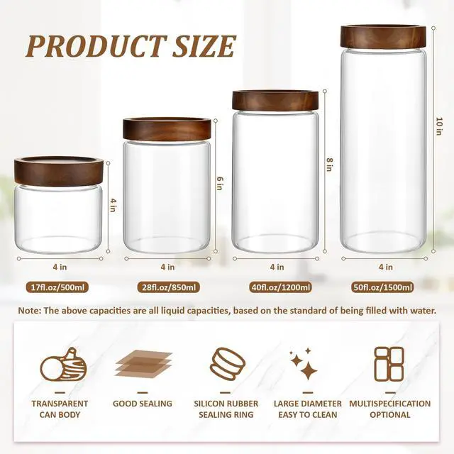 Alt view image 3 of 7 - 28 fl oz/850 ml Clear Glass Storage Canister with Airtight Wooden Screw Lid, Medium Cute Decorative Glass Container Jar for Coffee,Candy,Salt,Cookie,Condiment,Pepper,Sugar,Overnight Oatmeal