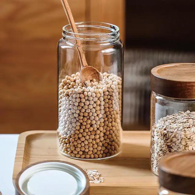 Alt view image 5 of 7 - 28 fl oz/850 ml Clear Glass Storage Canister with Airtight Wooden Screw Lid, Medium Cute Decorative Glass Container Jar for Coffee,Candy,Salt,Cookie,Condiment,Pepper,Sugar,Overnight Oatmeal