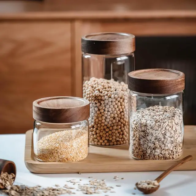 Alt view image 7 of 7 - 28 fl oz/850 ml Clear Glass Storage Canister with Airtight Wooden Screw Lid, Medium Cute Decorative Glass Container Jar for Coffee,Candy,Salt,Cookie,Condiment,Pepper,Sugar,Overnight Oatmeal