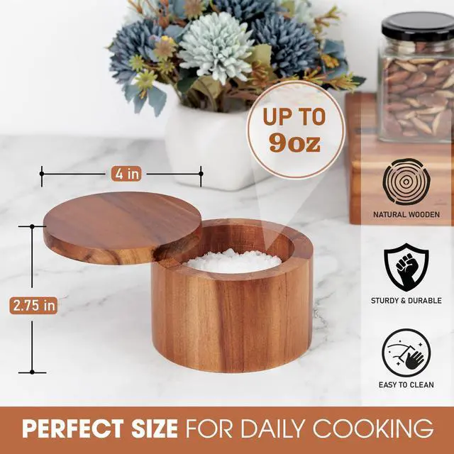 Alt view image 2 of 7 - Acacia Wood Salt Cellar, 9 oz Salt Box with Swivel Lid, Spice Jar