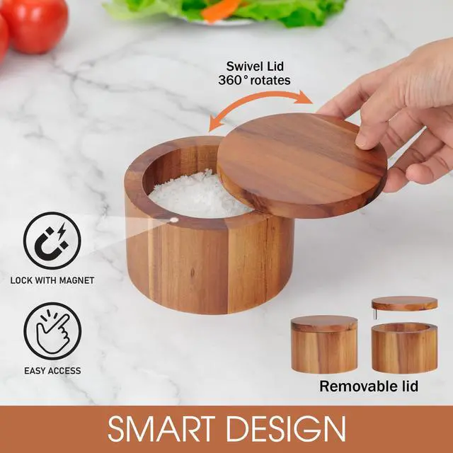 Alt view image 3 of 7 - Acacia Wood Salt Cellar, 9 oz Salt Box with Swivel Lid, Spice Jar