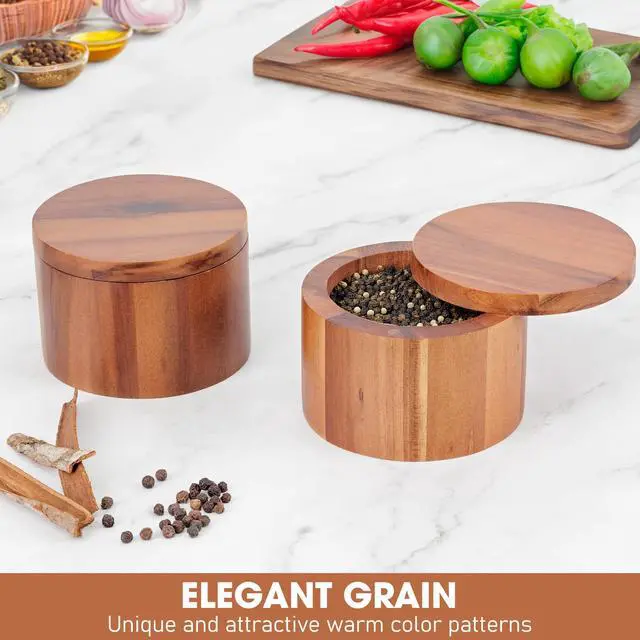Alt view image 4 of 7 - Acacia Wood Salt Cellar, 9 oz Salt Box with Swivel Lid, Spice Jar